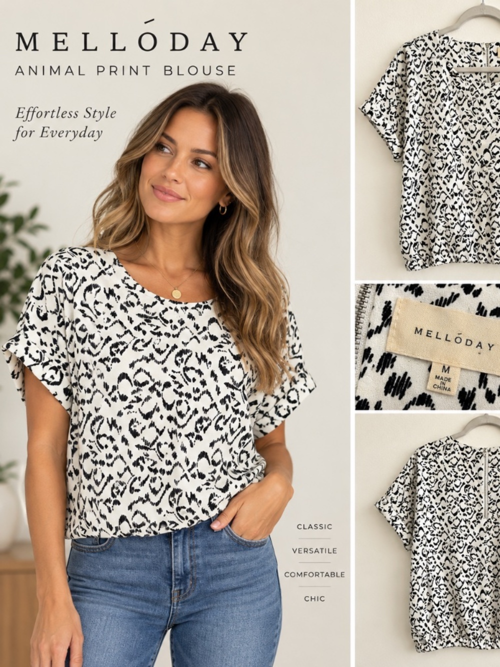 Melloday Black White Animal Print Blouse Size M Cuffed Sleeve Zip Back
